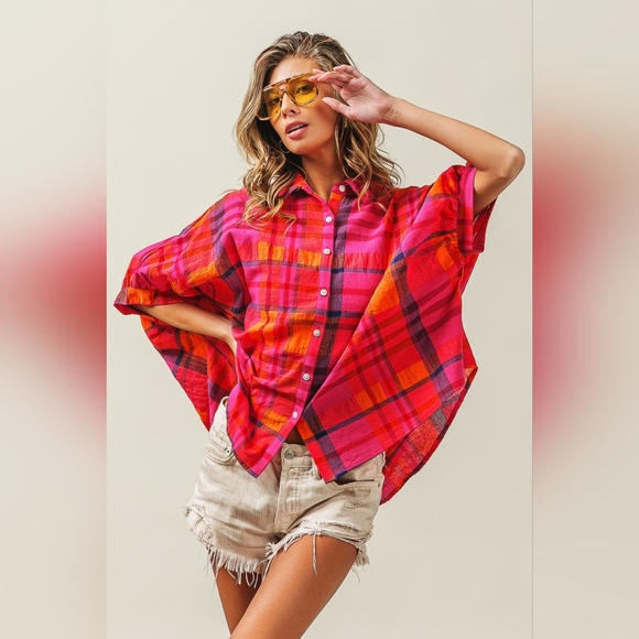 BiBi Button Up Dolman Sleeve Plaid Shirt - Picture 4 of 7